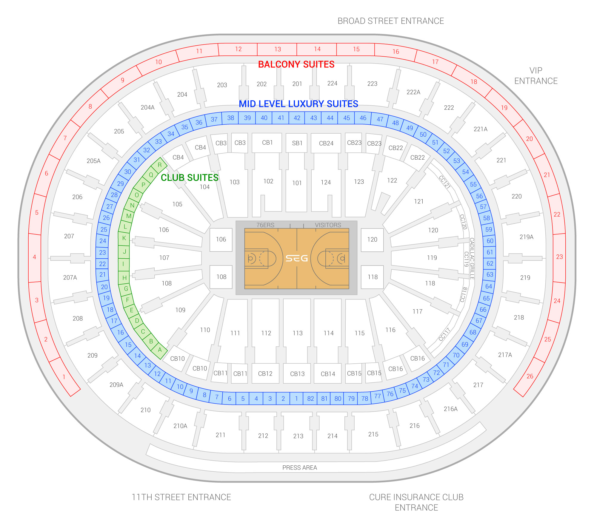 Wells Fargo Center / Philadelphia 76ers Suite Map and Seating Chart